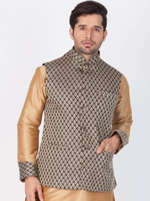 

VASTRAMAY Men Black & White Woven Design Nehru Jacket