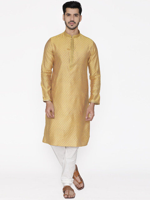 

Manyavar Men Gold-Toned & White Self Design Kurta with Churidar