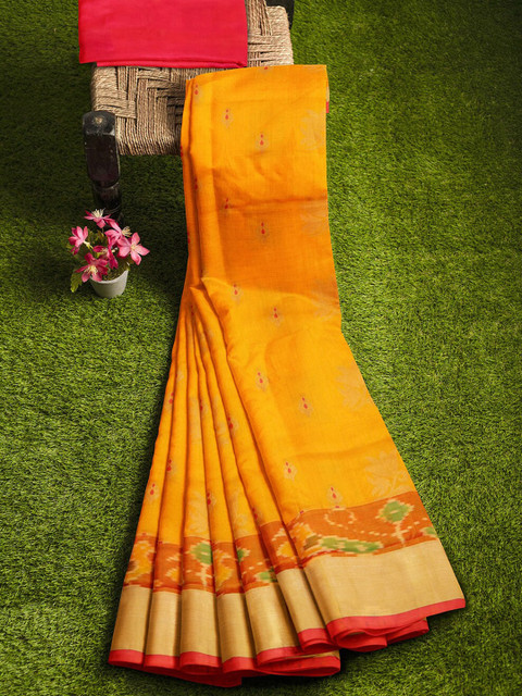 

APCO Mustard Yellow & Red Silk Cotton Woven Design Handloom Sustainable Saree