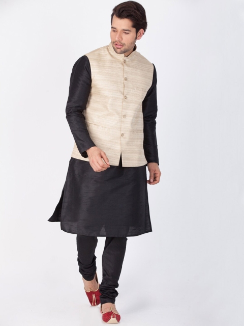 

VASTRAMAY Men Black & Beige Solid Kurta & Churidar with Jacket