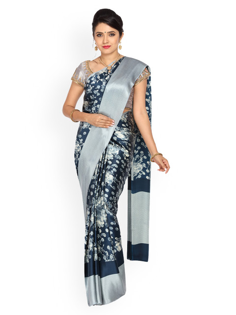

Vijayalakshmi Silks Blue & Silver-Toned Pure Silk Printed Saree