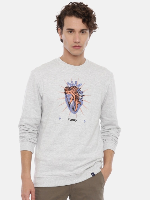 

Breakbounce Men Grey Melange & Orange Embroidered Sweatshirt