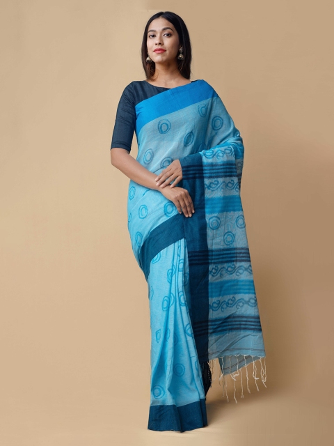 

Unnati Silks Blue Woven Design Ikat Handloom Pure Cotton Saree