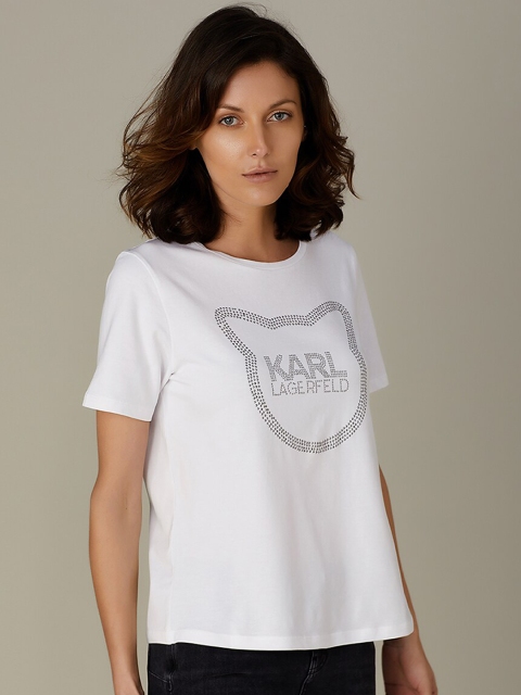 

COVER STORY by KARL LAGERFELD Women White Solid Round Neck T-shirt