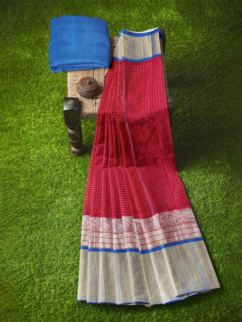 

APCO Red & Blue Silk Cotton Handloom Checked Sustainable Saree