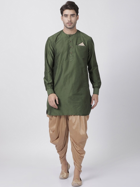 

VASTRAMAY Men Green & Rose Gold-Coloured Solid Kurta with Dhoti Pants