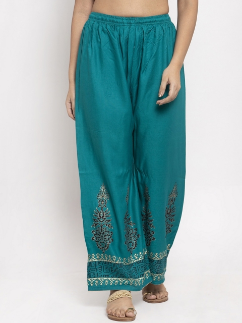

Clora Creation Women Turquoise Blue Printed Straight Palazzos