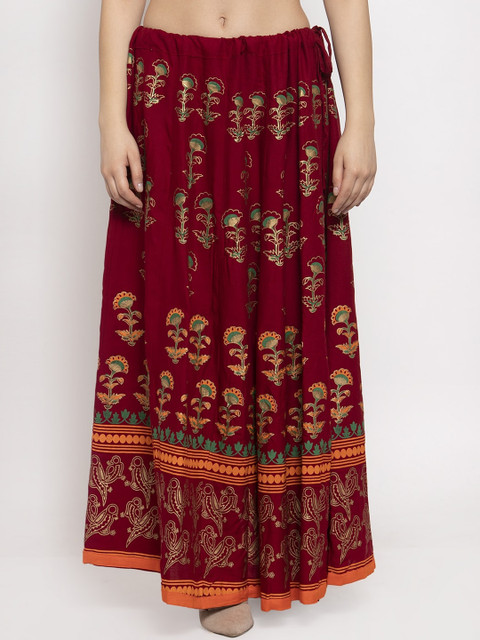 

Clora Creation Women Maroon & Gold Floral Printed Maxi Flared Skirt