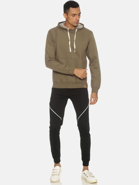 

Campus Sutra Men Olive Green & Black Solid Hooded Tracksuit