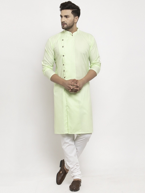 Benstoke Men Lime Green & White Solid Kurta with Churidar