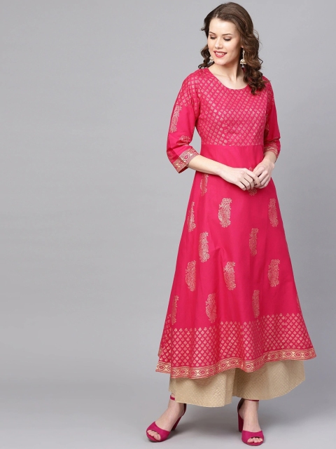 ZOEYAMS Women Pink Block Printed Anarkali Kurta