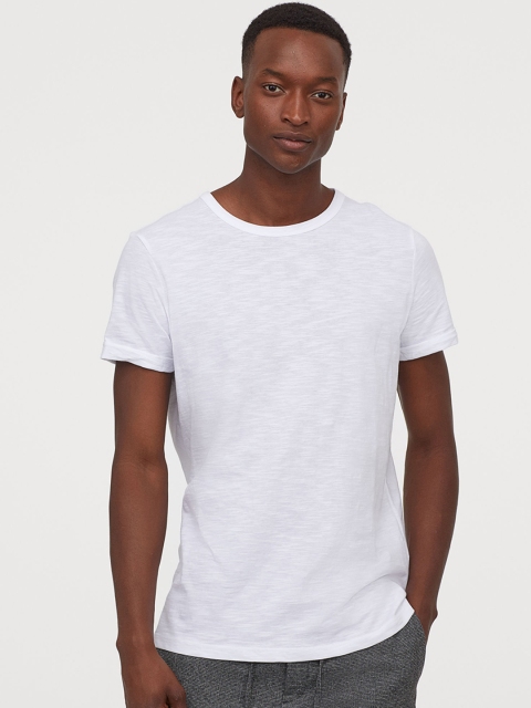 

H&M Men White Solid Cotton T-shirt Regular Fit