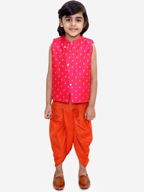 

Lil Peacock Boys Red & Orange Printed Nehru Jacket with Dhoti Pants