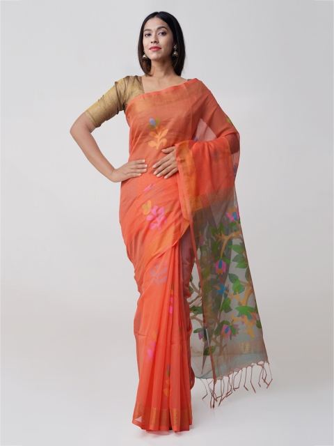 

Unnati Silks Orange & Green Floral Print Silk Cotton Woven Design Jamdani Saree