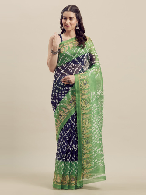 

Silk Bazar Navy Blue & Green Silk Blend Printed Bhagalpuri Saree