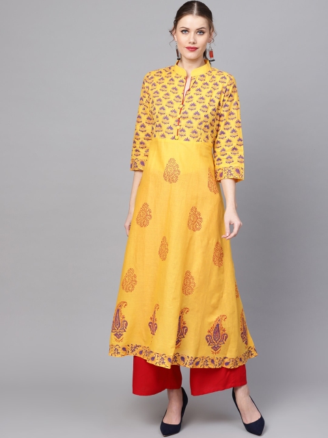 

ZOEYAMS Women Yellow Block Printed Anarkali Kurta