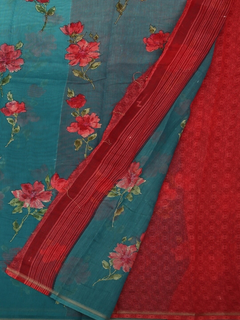 

Pothys Blue & Red Linen Blend Printed Saree