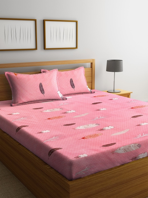 NEUDIS Pink Floral 180 TC Cotton 1 King Bedsheet with 2 Pillow Covers