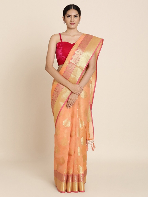 

Koskii Peach-Coloured & Gold-Toned Brocade Woven Design Saree