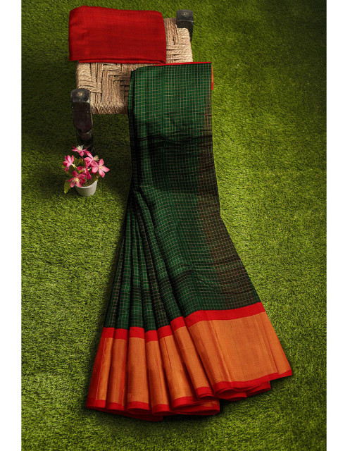 

APCO Green & Red Silk Cotton Checked Chirala Saree