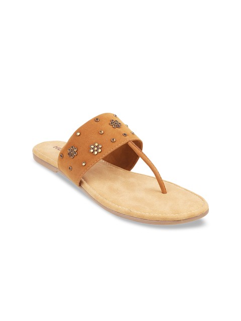 

Mochi Women Tan Brown Embellished T-Strap Flats