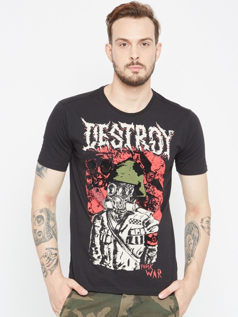 

PUNK Men Black & Off-White Printed Round Neck T-shirt