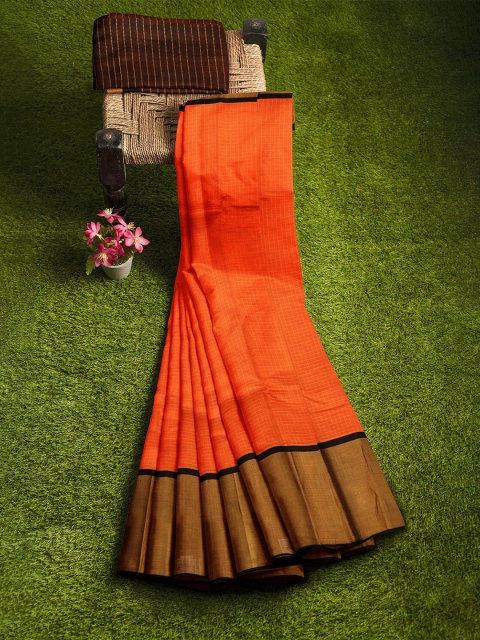 

APCO Orange & Beige Silk Cotton Checked Handloom Saree