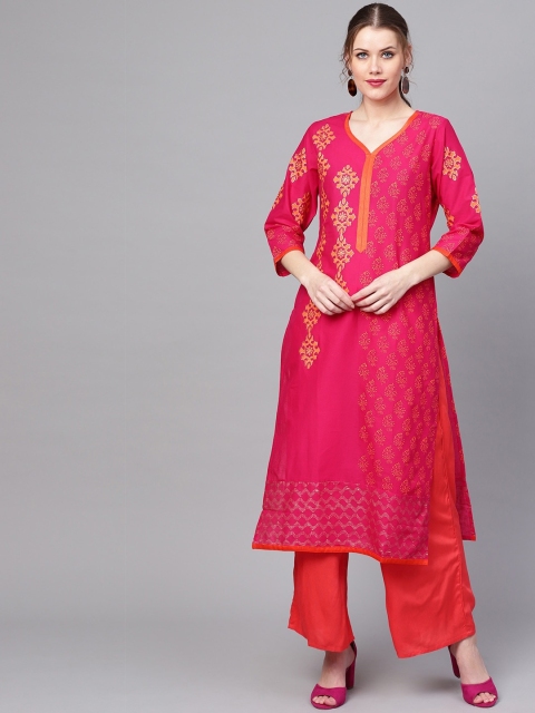 

ZOEYAMS Women Pink Block Printed Straight Kurta