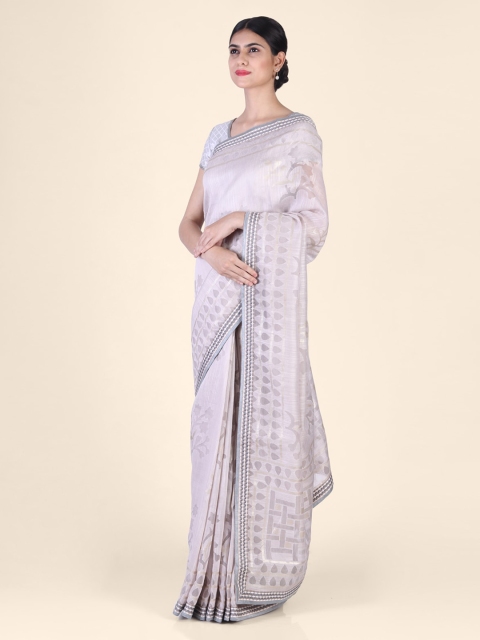 

Hastakala Grey & Lavender Pure Linen Woven Design Saree