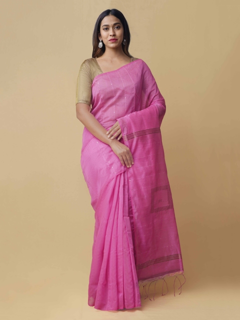 

Unnati Silks Pink Solid Pure Linen Saree