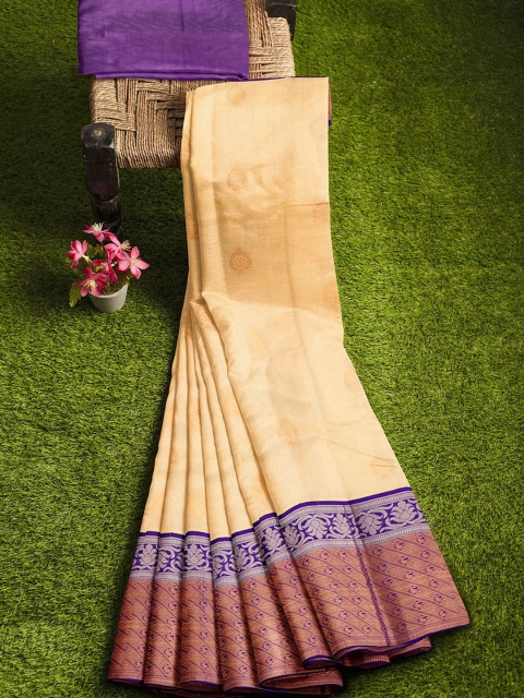 

APCO Cream-Coloured & Violet Silk Cotton Woven Design Chirala Saree