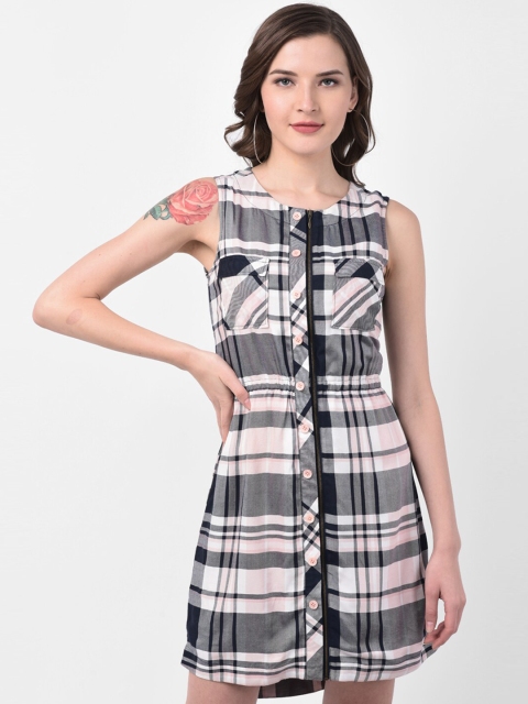 

Latin Quarters Women Navy Blue & Pink Checked Shirt Dress