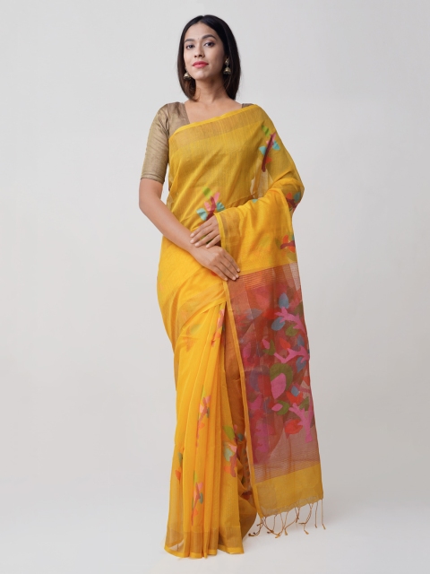 

Unnati Silks Yellow & Pink Floral Print Silk Cotton Woven Design Jamdani Saree