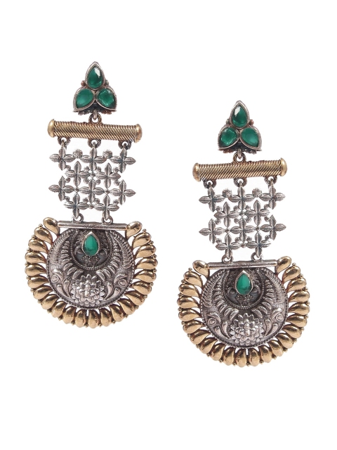 

Natures Buggy Silver-Toned & Green Oxidised Circular Drop Earrings