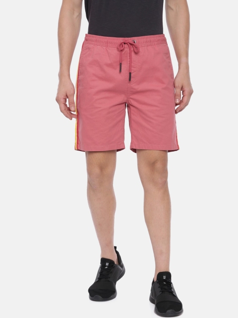 

Breakbounce Men Coral Pink Solid Slim Fit Sports Shorts With Side Stripes