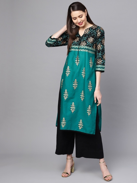 ZOEYAMS Women Green & Black Printed Straight Kurta