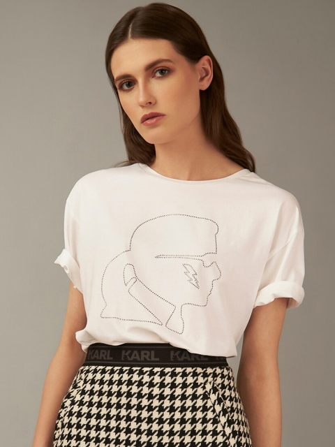 

COVER STORY by KARL LAGERFELD Women White Printed Round Neck T-shirt