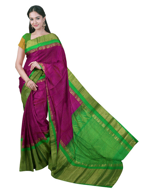 

APCO Purple & Green Silk Cotton Checked Handloom Saree