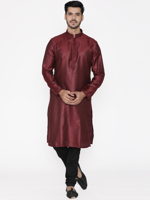 

Manyavar Men Maroon & Black Self Design Kurta with Churidar