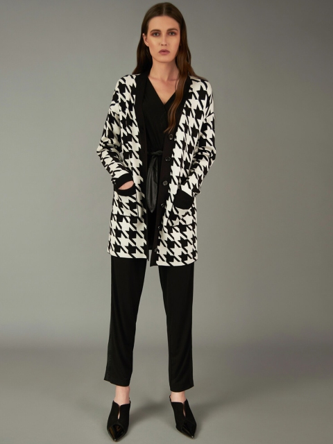 

COVER STORY by KARL LAGERFELD Women Black White Self Design Cardigan Sweater