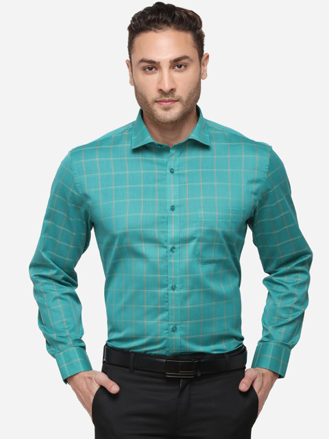 

Greenfibre Men Sea Green & Grey Regular Fit Checked Formal Shirt