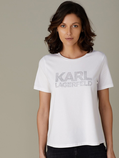 COVER STORY by KARL LAGERFELD Women White Self Design Round Neck T-shirt