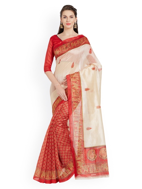 

Silk Bazar Red & Off-White Silk Blend Printed Bhagalpuri Saree