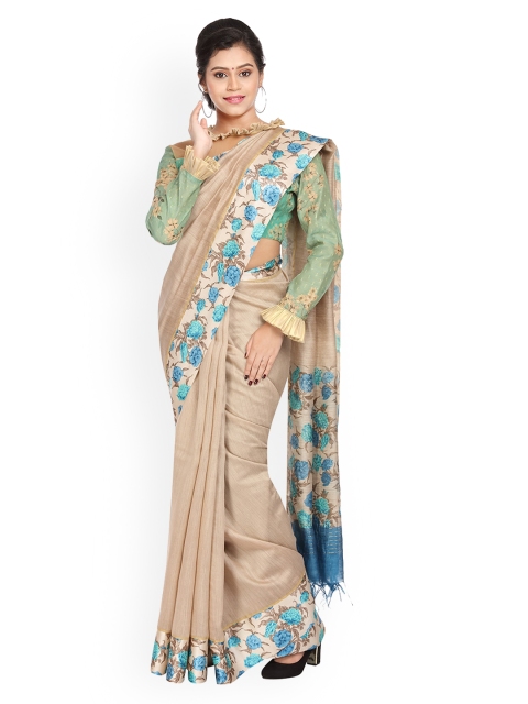 

Vijayalakshmi Silks Beige & Blue Pure Silk Printed Tussar Saree