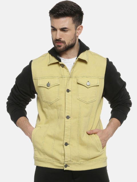 

Campus Sutra Men Yellow Solid Windcheater Denim Hooded Jacket