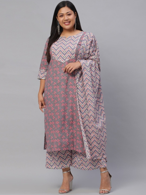 

EXTRA LOVE BY LIBAS Plus Size Women Grey Floral Cotton Kurta with Palazzos & With Dupatta