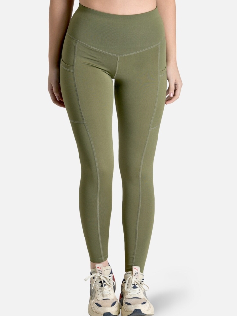 

MAKCLAN Women Olive Green Solid Skinny-Fit Pocket Tights