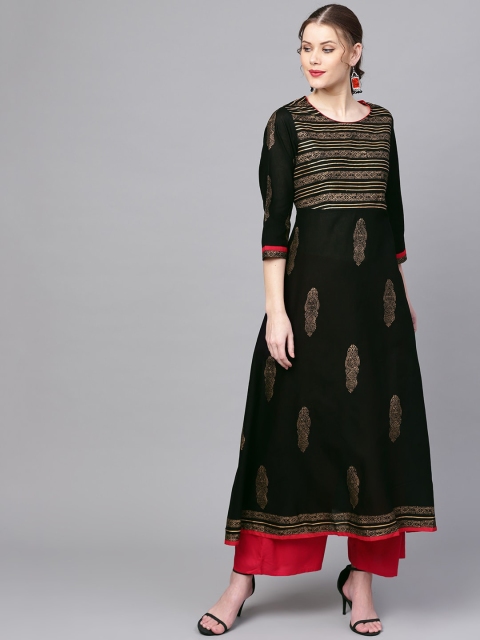 

ZOEYAMS Women Black & Gold-Toned Printed Anarkali Kurta