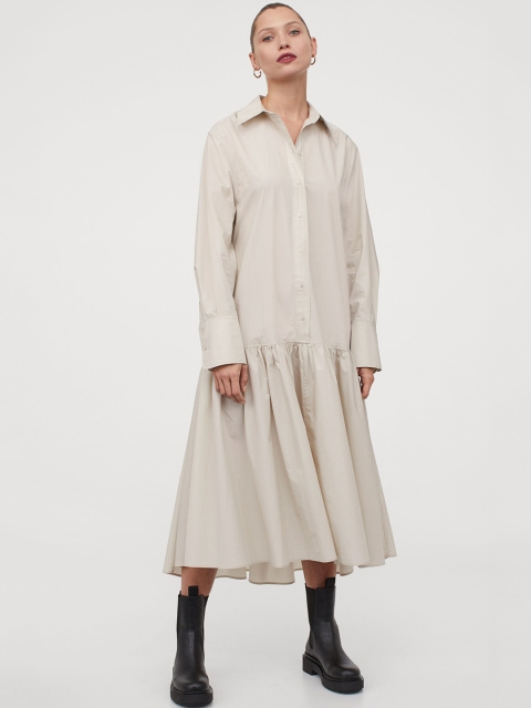 

H&M Women Beige Flounce-Hemmed Shirt Dress