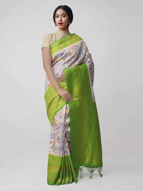 

Unnati Silks Cream & Green Silk Cotton Floral Printed Banarasi Saree